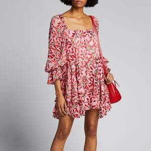 Alice + Olivia Debra Square Neck Pink Floral Ruffle Tunic Dress, Sz 4